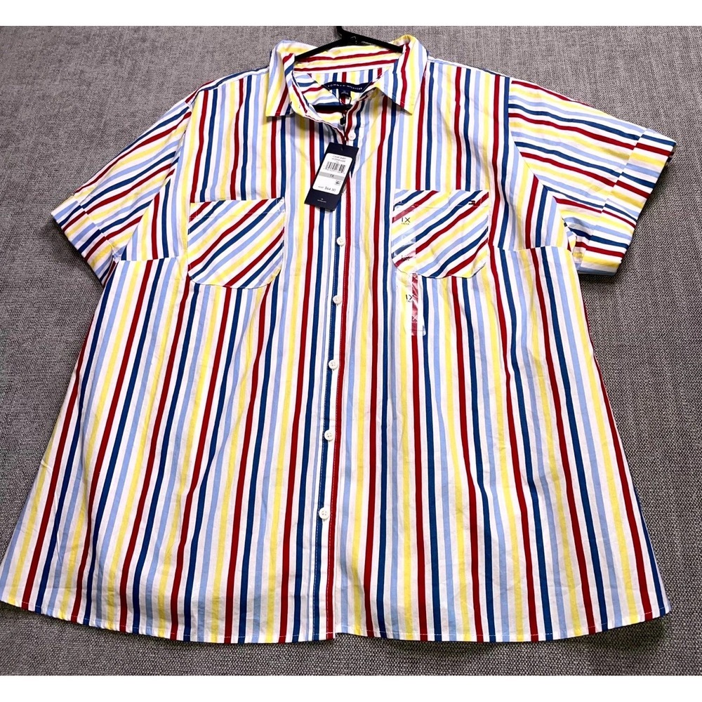 Tommy Hilfiger Camp Shirt Womens 1X Multicolor Striped Cotton Short Sleeve Beach